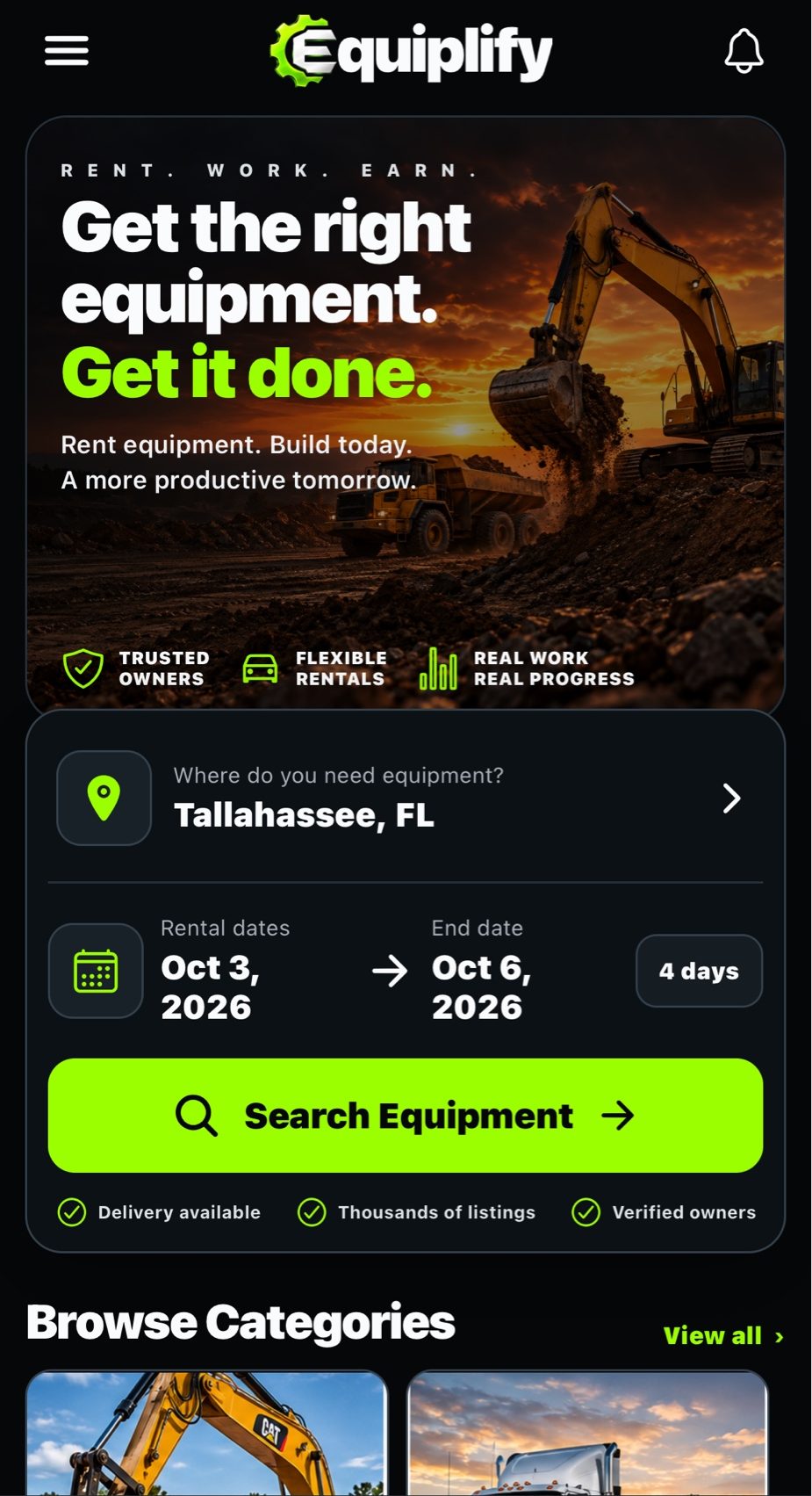Equiplify home screen